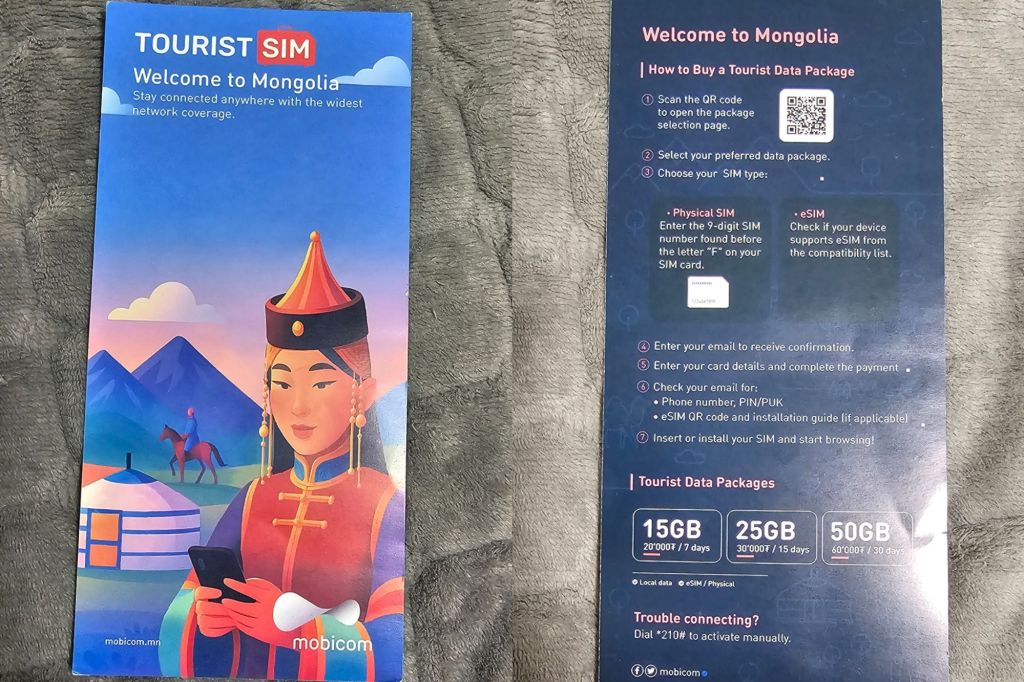 Tourist SIM brochure for Mongolia featuring an illustration of a woman in traditional Mongolian attire. The brochure includes information on how to purchase a tourist data package and various data plan options.