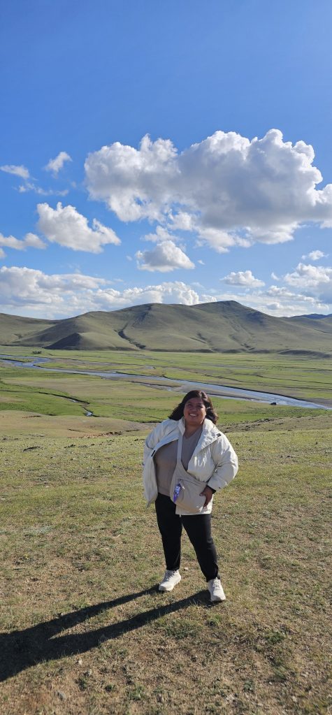 A person stands on a grassy hill with mountains in the background under a blue sky with white clouds.