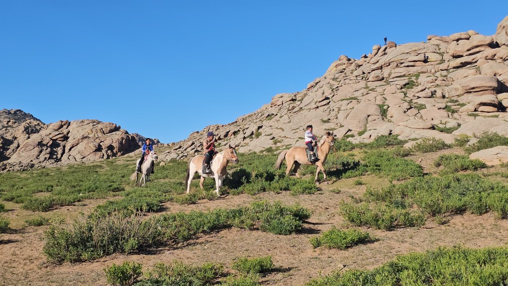 Four people riding horses across a rocky, grassy landscape under a clear blue sky.