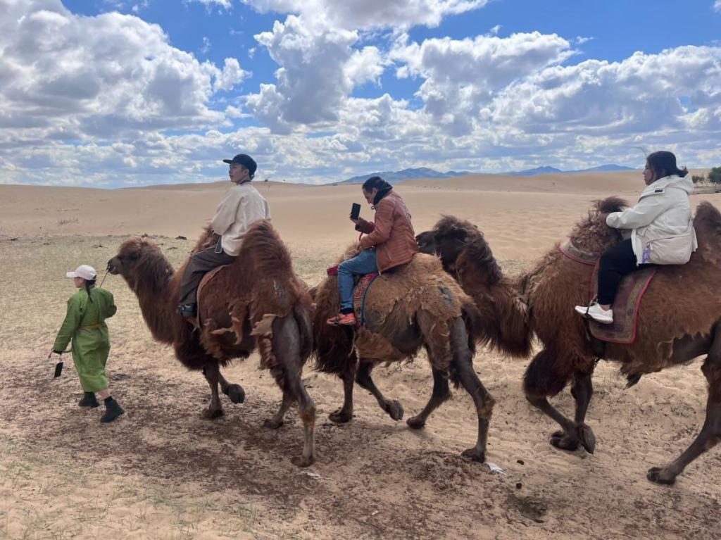 A group of people riding camels through a desert landscape, with two riders on each camel and a person leading the camels on foot. The sky is partly cloudy.